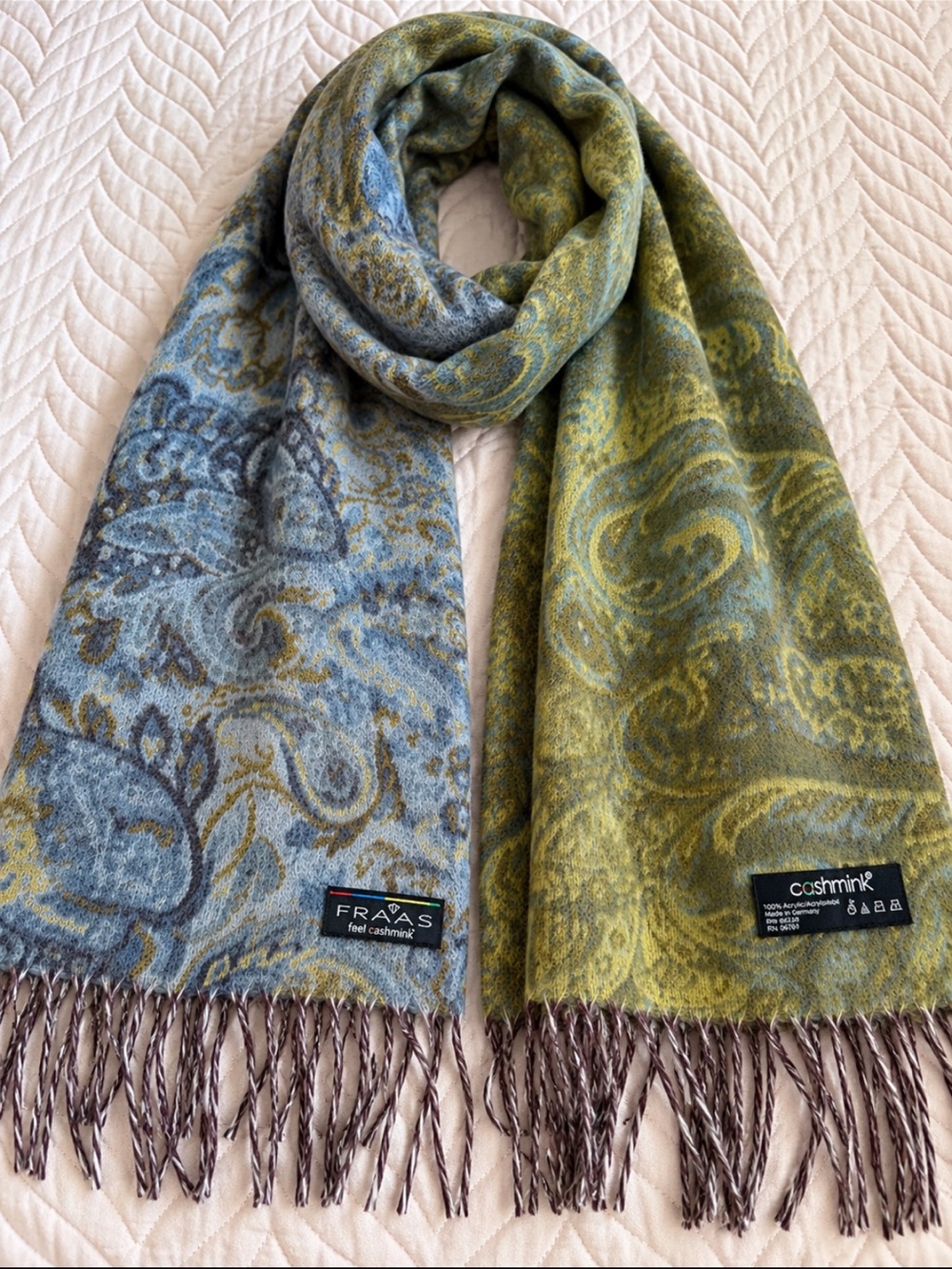 FRAAS Cashmink Reversible Scarf Made in Germany Blue Olive Paisley Fringe
